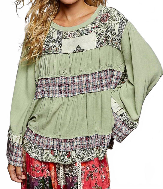 POL Relaxed Fit Print Plaid Top Green Medium 2