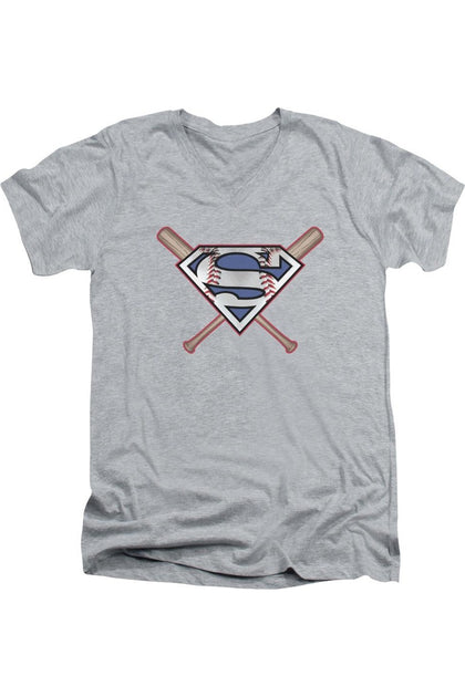 Gildan Superman Crossed Bats V-Neck T-Shirt Grey Large 2