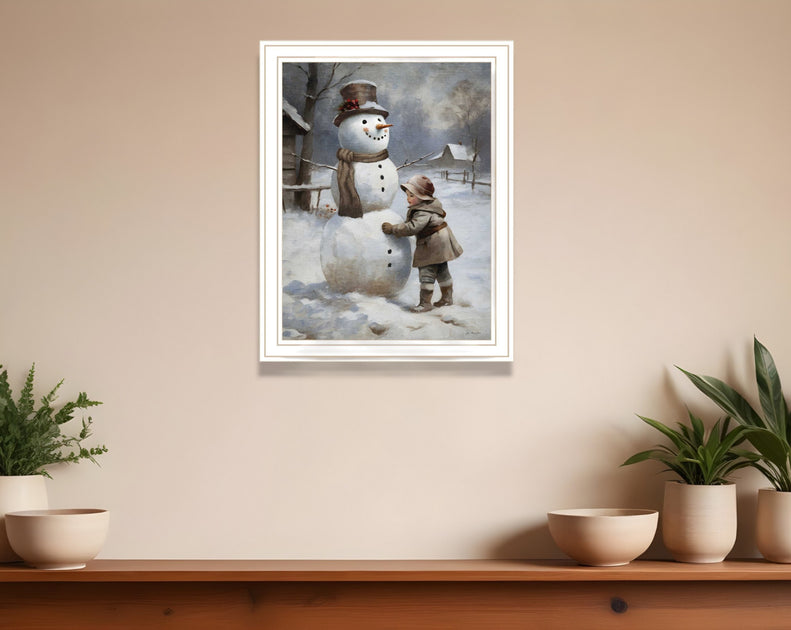 Hivvago Boy Building A Snowman White Framed Wall Art 2