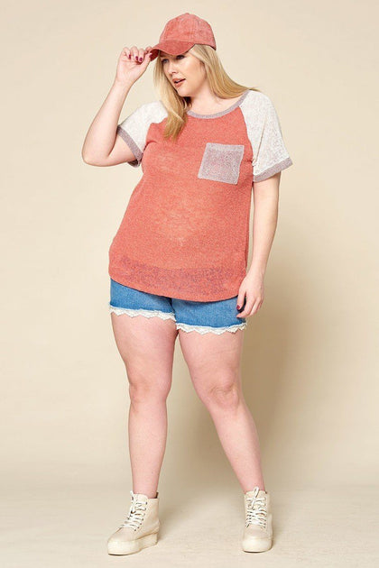 TRUEDAMES Color-blocked Knit Top Blue 1X 3