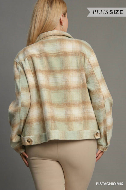 Umgee Plaid Cropped Shacket Blue XXLarge 4