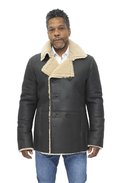 Infinity Kington Men's Shearling Pea Coat Green XS 2
