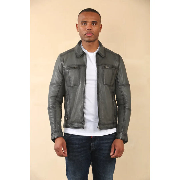 TruClothing Classic Collar Ledermotorradjacke Blau Medium 4