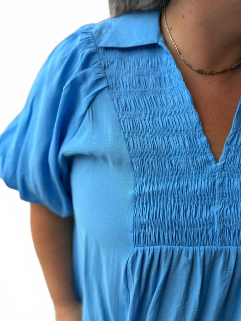 umgee Smocked Puff Sleeve Top Blue Large 4