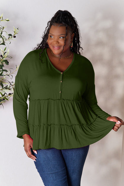 TRUEDAMES Double Take Half Button Long Sleeve Ruffle Hem Blouse Black Medium 2