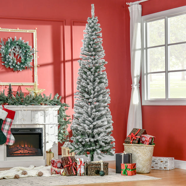 BreeBe 7.5ft Flocked Pencil Artificial Christmas Tree Green 3