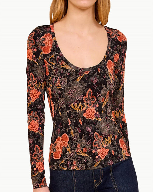 Ulla Johnson Aris Jersey Long Sleeve U-Neck Top Multi Petite XS 2