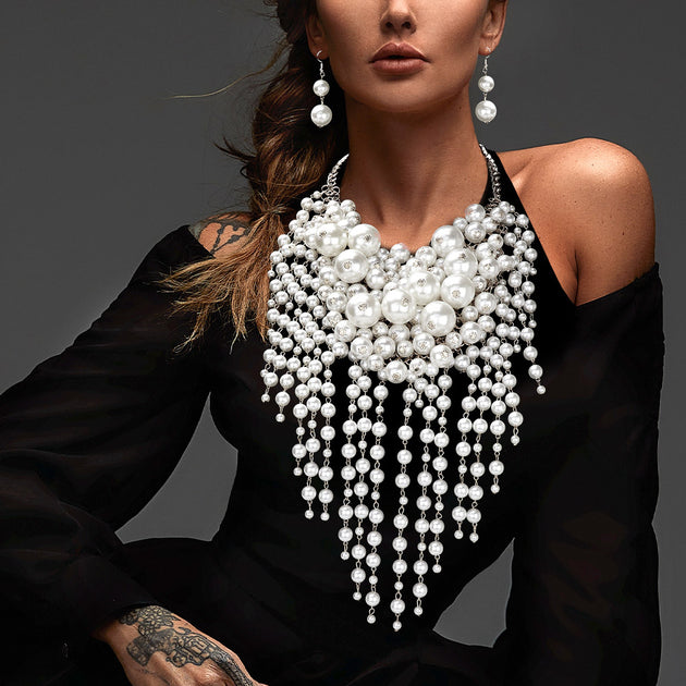 FASHNZFAB Pearl Cluster Statement Necklace White One Size 2