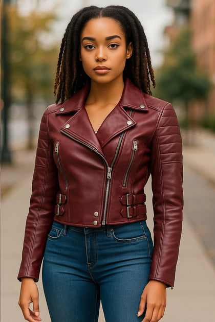 Infinity Durban Cropped Leather Biker Jacket Burgundy US 18 2
