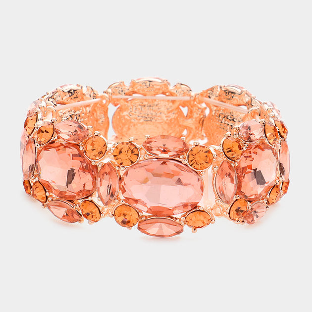 FASHNZFAB Oval Stone Stretch Bracelet Peach Rose Gold One Size 3
