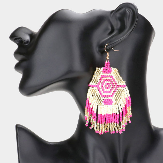 FASHNZFAB Bead Fringe Dangle Earrings Pink 2