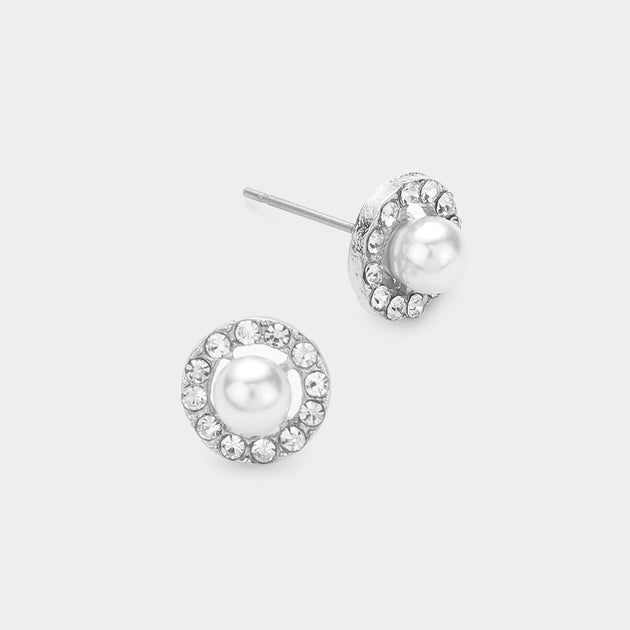 FASHNZFAB Pearl Stud Earrings White Silver 3
