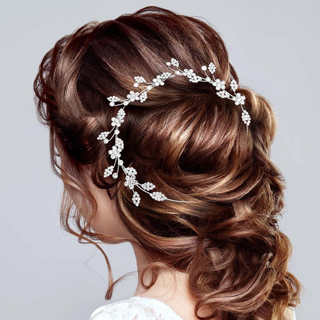 FASHNZFAB Stone Embellished Flower Leaf Cluster Vine Bun Wrap Headpiece Silver 3