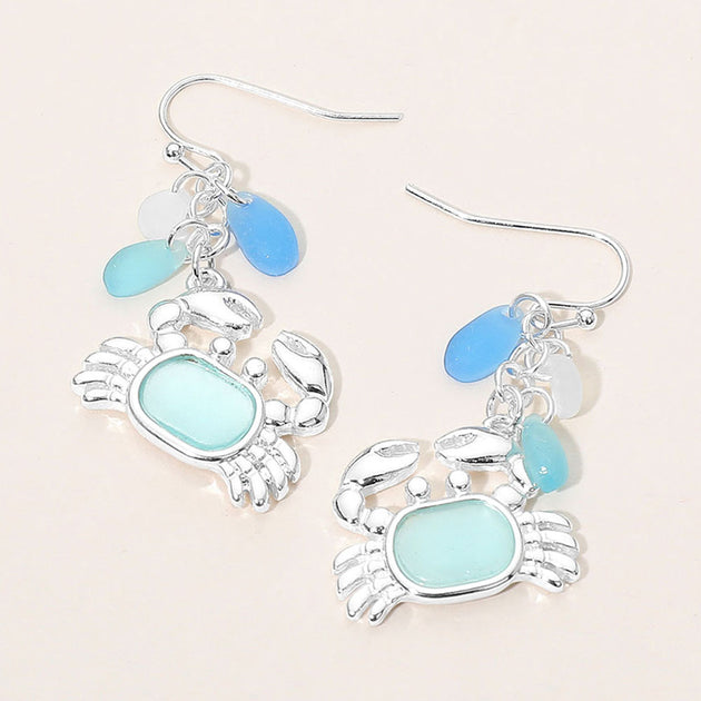 FASHNZFAB Sea Glass Crab Drop Dangle Earrings Blue 2