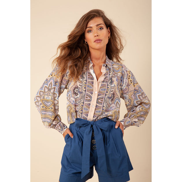 Hailey Bob Oba Solid High Waist Poplin Shorts Blue Small 2