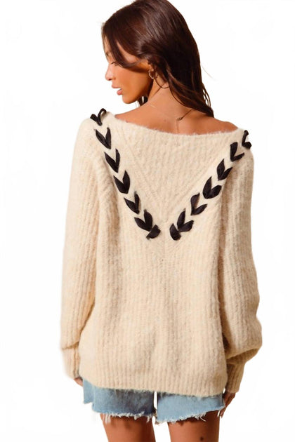 So Me Braided Ribbon V-Neck Sweater Top Beige XLarge 3