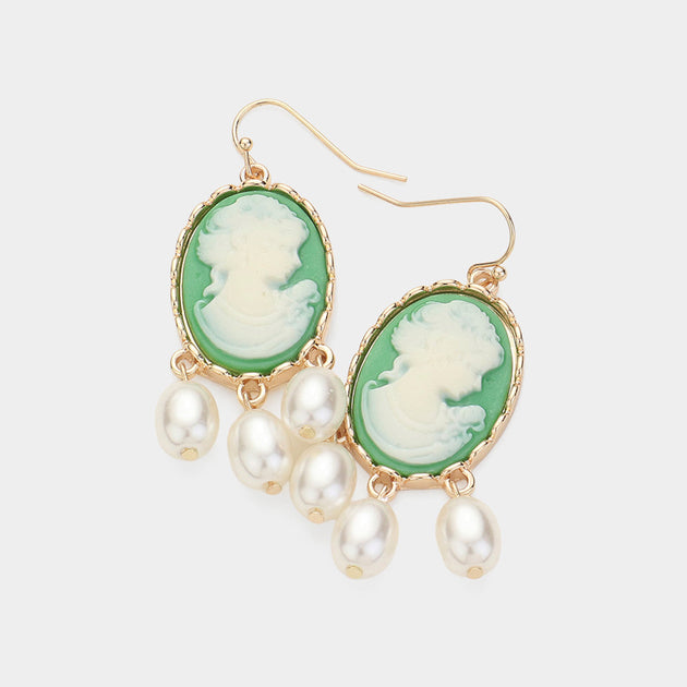 FASHNZFAB Triple Pearl Embellished Cameo Dangle Earrings Green 3