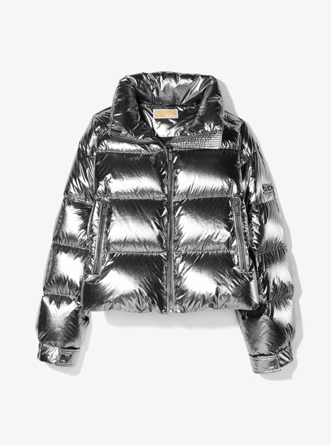 Michael Kors Metallic Nylon Puffer Jacket Silver XS 4