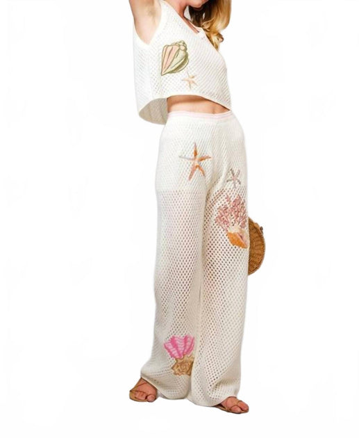 Blue B Seashell Embroidered Pants Beige Medium 4