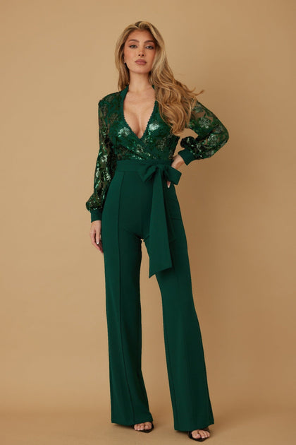 TRUEDAMES Flower Vein Sequin Print Jumpsuit Red Small 2