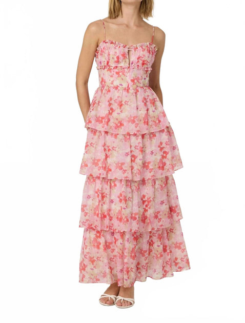 ASTR Vonnessa Pleated Tiered Maxi Dress In Pink Coral Multi