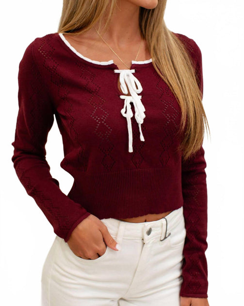 Blue Blush Pointelle Sweater Crop Top Red Large 2