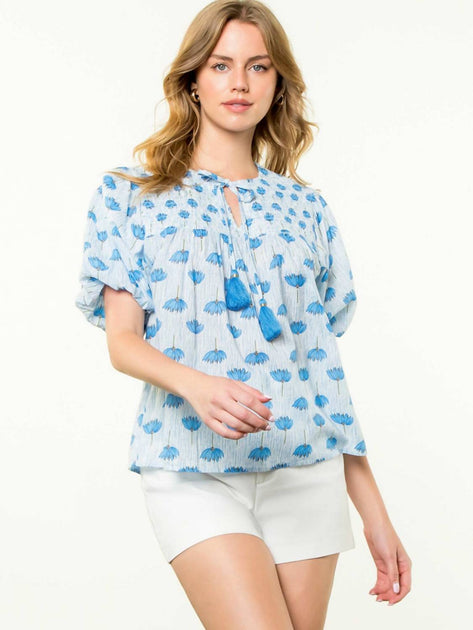 THML Puff Sleeve Floral Top Blue Medium 5