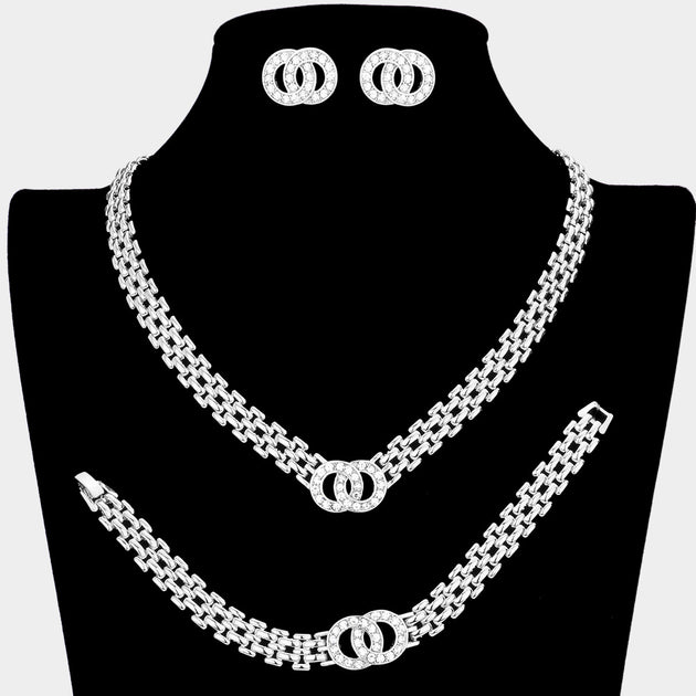 FASHNZFAB 3PCS Stone Embellished Double Open Circle Link Necklace Set Black 2