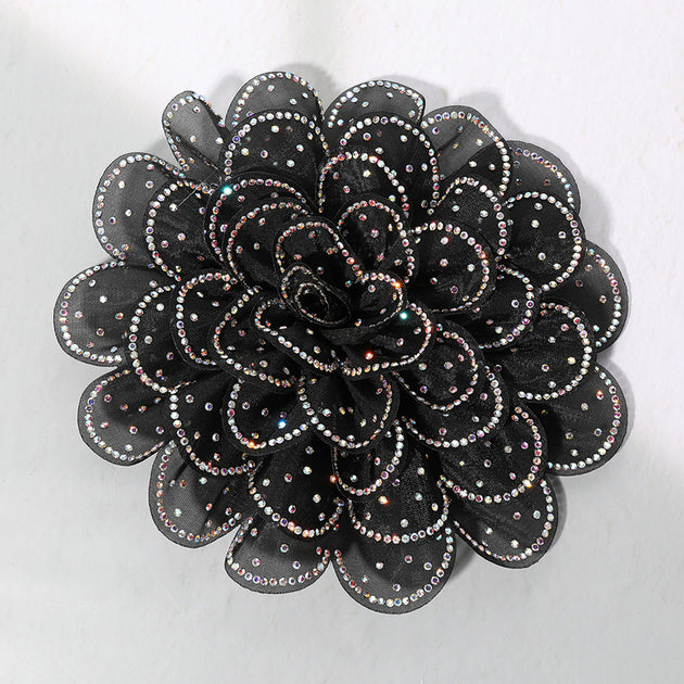 FASHNZFAB Bling Studded Fabric Flower Brooch Hair Clip Black 4