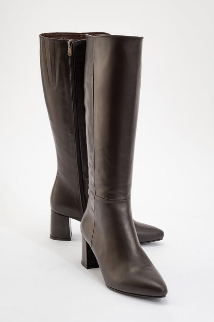 Forever & Always Sejas Leather Block Heel Knee-High Boot Grey US 7 2