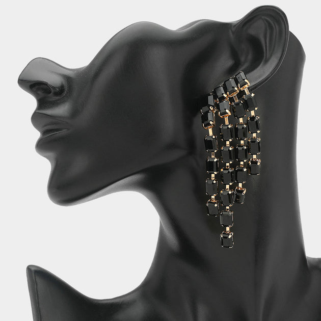 FASHNZFAB Stone Cluster Drop Chandelier Earrings Black 3