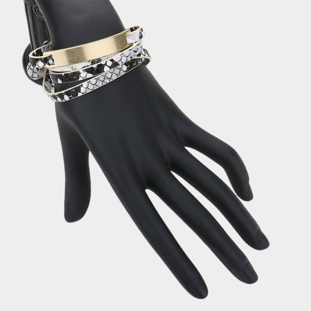 FASHNZFAB Snake Pattern Faux Leather Wrap Bracelet Black One Size 3