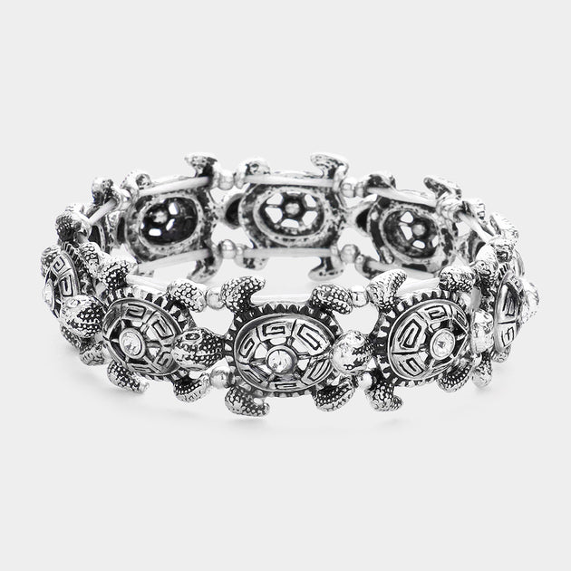 FASHNZFAB Turtle Link Stretch Bracelet Black Silver One Size 2