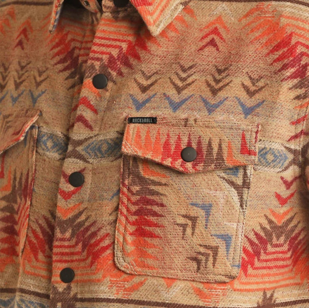 Rock & Roll Denim Aztec Jacquard Shirt Jacket In Tan/multi | ShopSimon