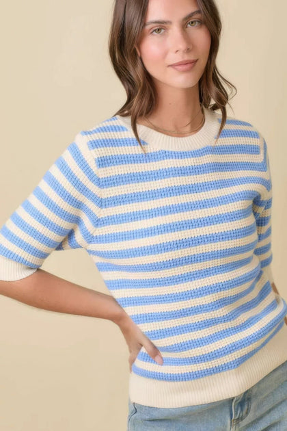 TRUEDAMES Kurzarm Strickpullover Streifen Top Blau Large 4