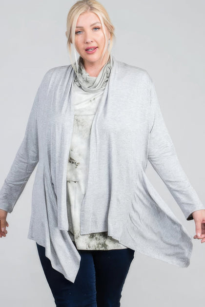 TRUEDAMES Waist Seam Shark Bite Long Sleeve Open Solid Cardigan Grey 1X 2