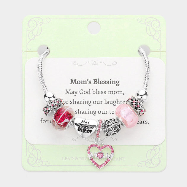 FASHNZFAB Moms Blessing Heart Charm Multi Bead Bracelet Pink 2
