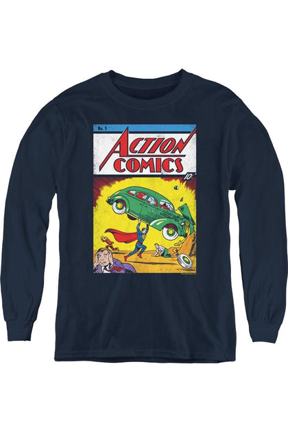 Gildan Superman Action No. 1 Youth Long Sleeve Tee Blue Medium 2