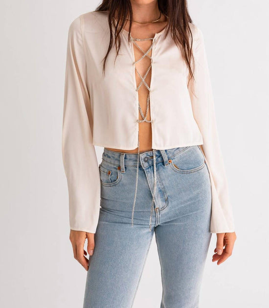 LE LIS Lasso Rhinestone Satin Top White Medium 2