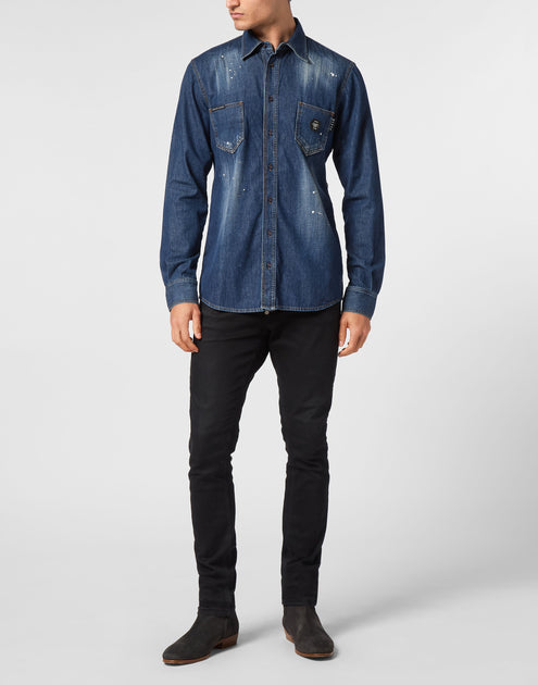 Philipp Plein Denim Shirt Long-Sleeve Skull & Bones Multi Small 3