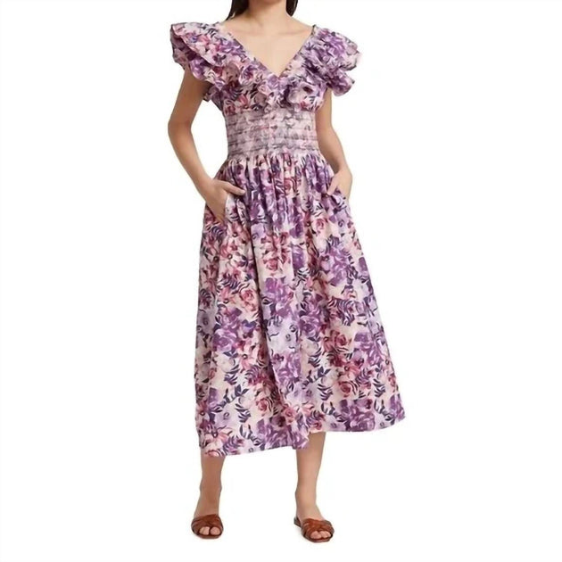 SOMETHING NAVY Gerafter Midi-Ringelblumen-Kleid Lila XLarge 2
