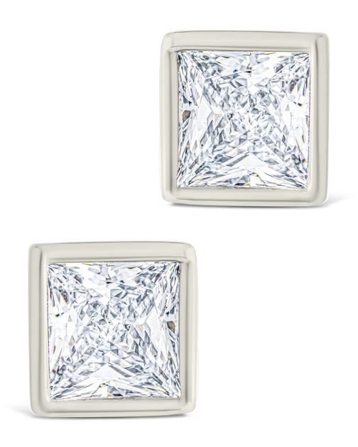 Sterling Forever Princess Cut Bezel Set Stud Earrings Gold 3