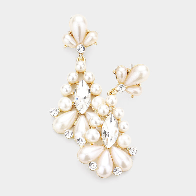 FASHNZFAB Marquise Stone Center Pearl Abendohrringe Gold 4