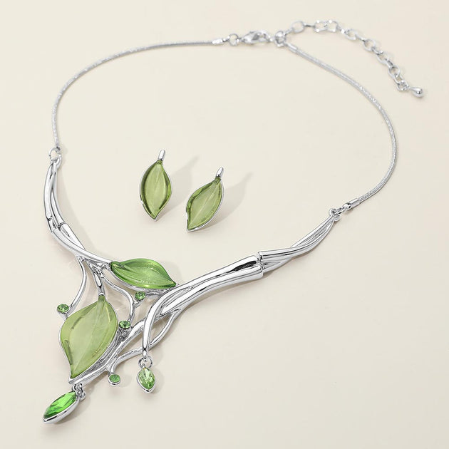 FASHNZFAB Leaf Necklace and Earring Set Blue 2