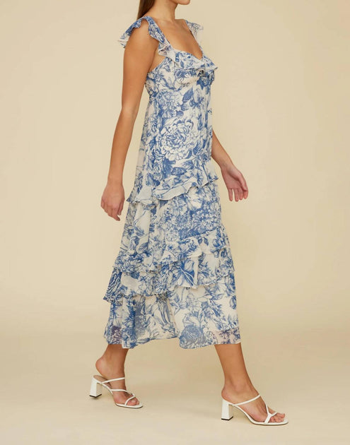 LUCY PARIS Cassandra Tiered Midi Dress In Blue Floral | ShopSimon LUCY PARIS Cassandra Tiered Midi Dress In Blue Floral | ShopSimon