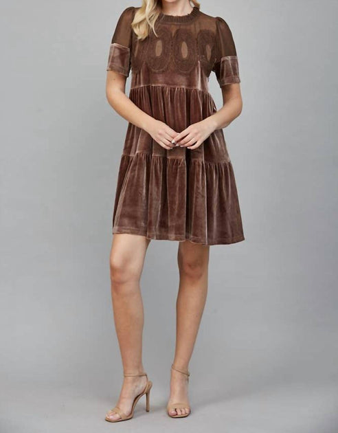 FATE Contrast Sheer Mesh Lace Mini Dress Brown Large 3