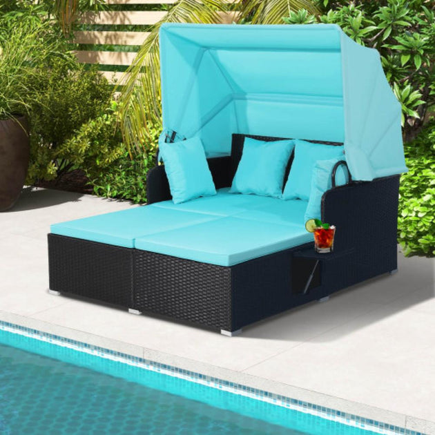 Hivvago Patio Rattan Daybed with Retractable Canopy and Side Tables Turquoise 2