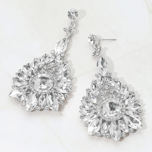 FASHNZFAB Marquise Round Stone Cluster Teardrop Earrings Silver 5