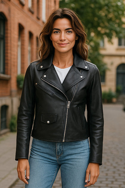 Infinity Classic Brando Biker Leather Jacket Black/Pink US 4 2