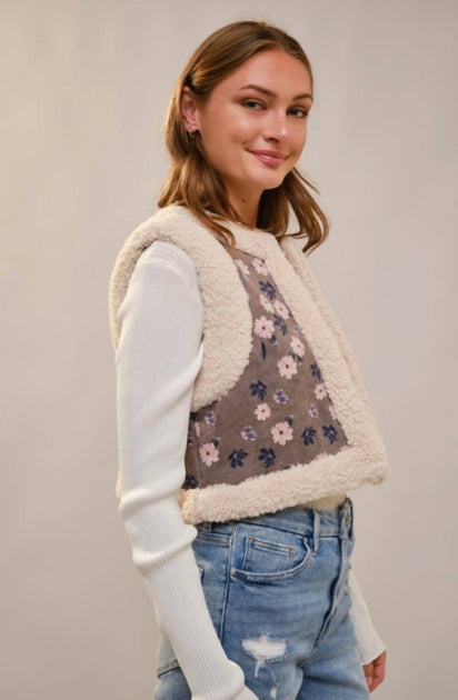 Blue B Sherpa Lining Flower Print Faux Suede Vest Beige Large 3